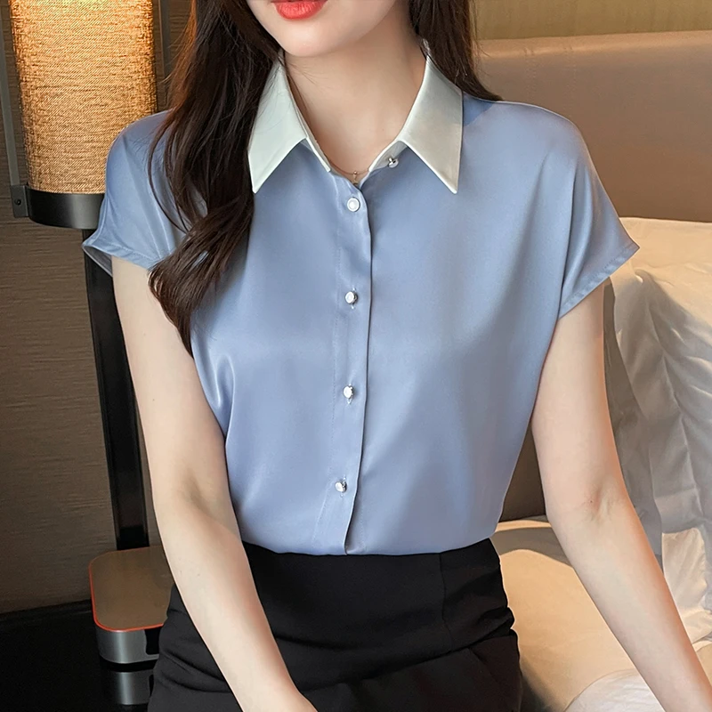 

New Design Korean Fashion Simple Style Womens Tops 2022 Summer Short Sleeve Female Blouse V-Neck Acetate SATIN Casual Shirts