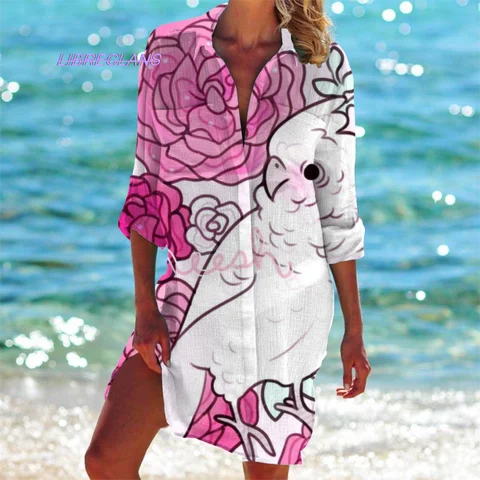 Women's Blouse Butterfly Rose Print 3D Long Summer Sunscreen Women Fashion Top Long Sleeve Button Office Girls Blouse Beach Coat