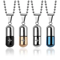 two tone stainless steel pill case capsule cremation urn pendant for ash necklace for men women cross medicine keepsake jewelry