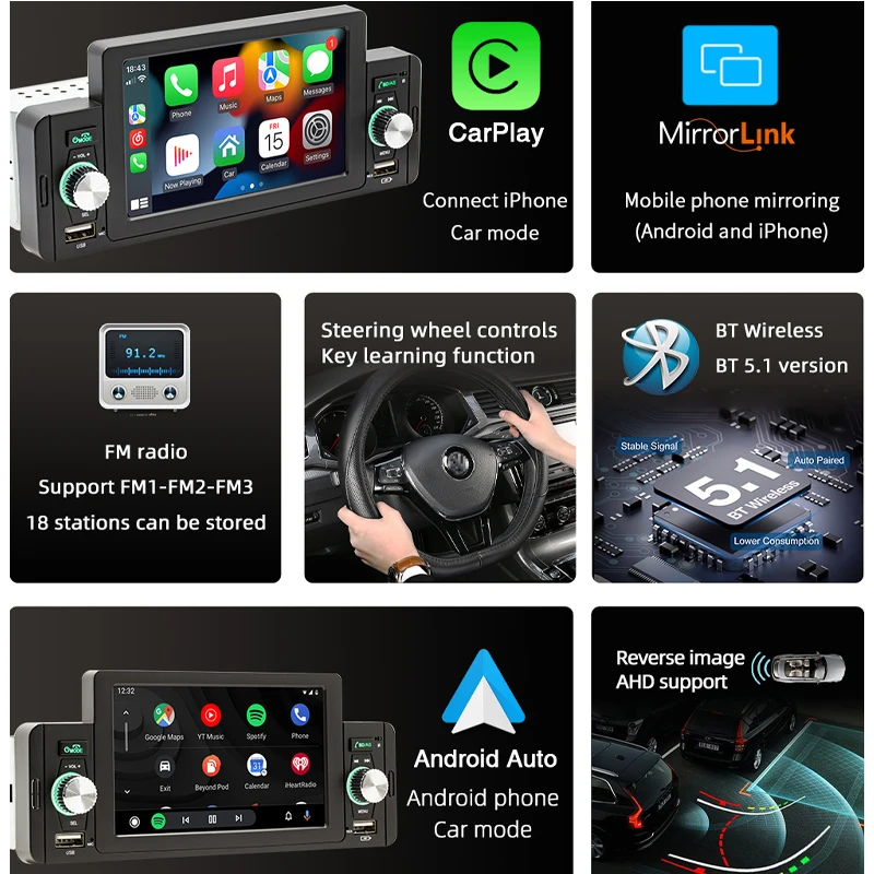 Автомагнитола 1 Din CarPlay Android-Auto MP5-плеер с поддержкой Bluetooth 5 &quotэкраном магнитола
