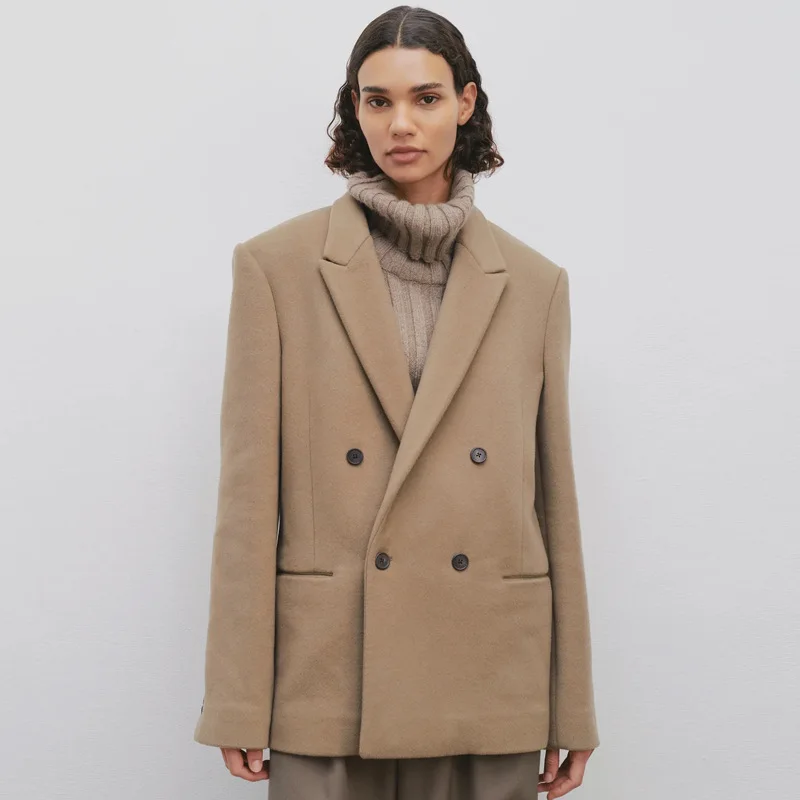 

Th * R0-women's tweed coat, new wool suit jacket, mid-length lapel, long sleeve, loose, casual, Commuter, autumn and winter