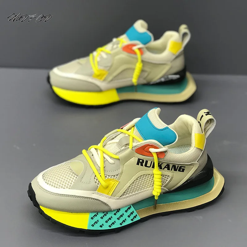 

Men Luxury Chunky Sneakers Fashion Casual Genuine Leather Cowhide Mesh Breathable Height Increased Flat Platform Running Shoes