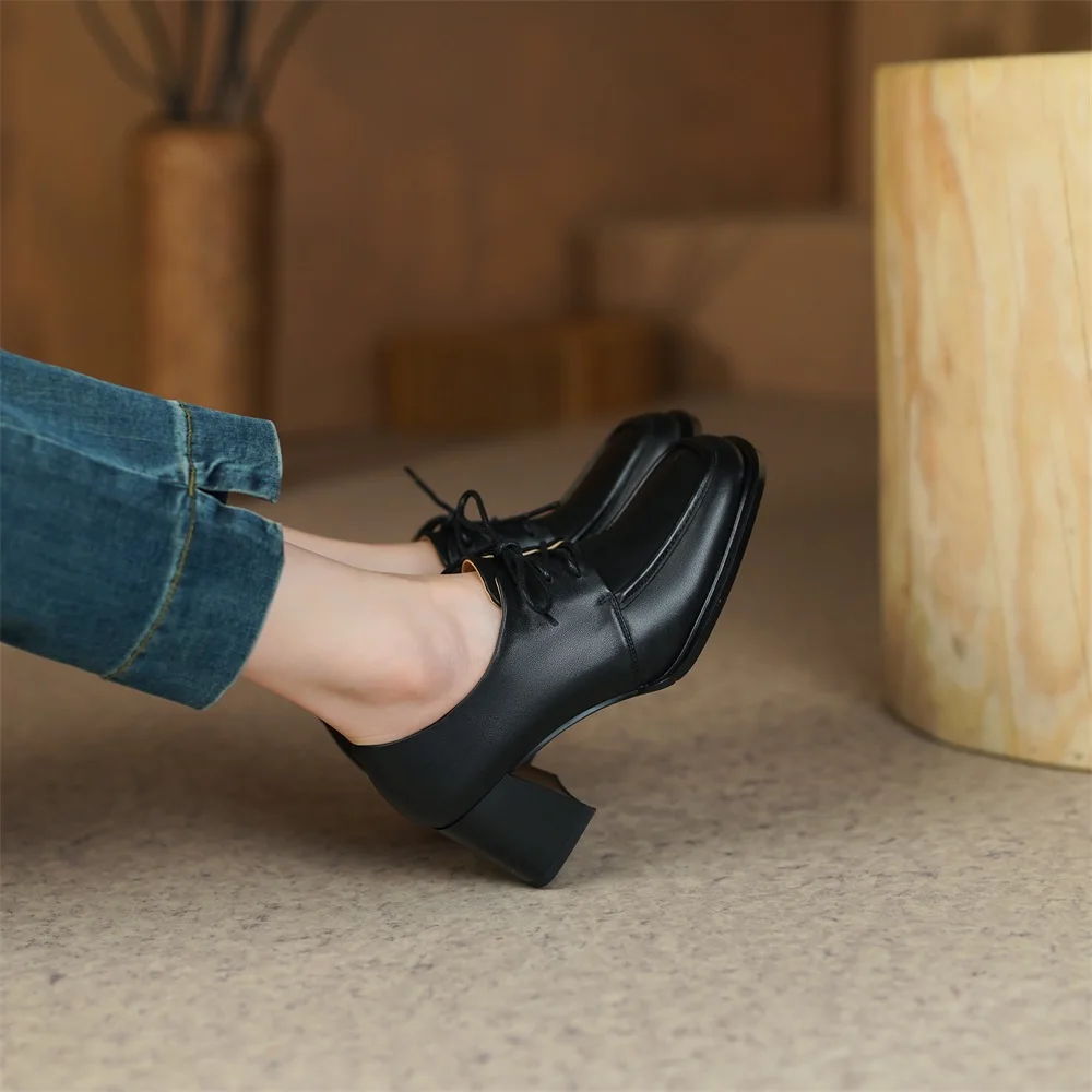 Cialisa High Quality Genuine Leather Women's Pumps 2023 Spring New Round Toe Cross-Tied  Shoes Ladies High Heels Footwear Black