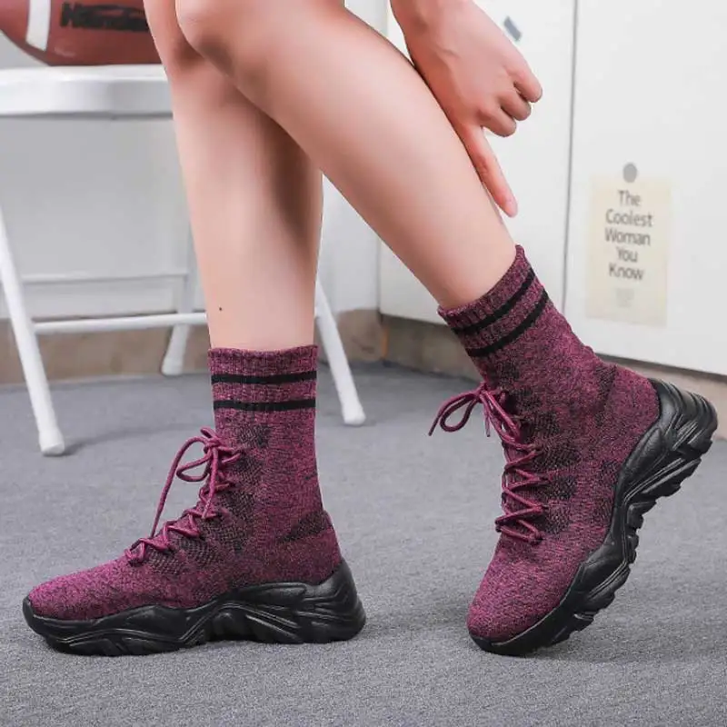 Autumn Women Sock Boots Slip on Elastic Ankle Boots Anti-Skid Stripe Platform Casual Sport Shoes Cushioning Knitted work Boots