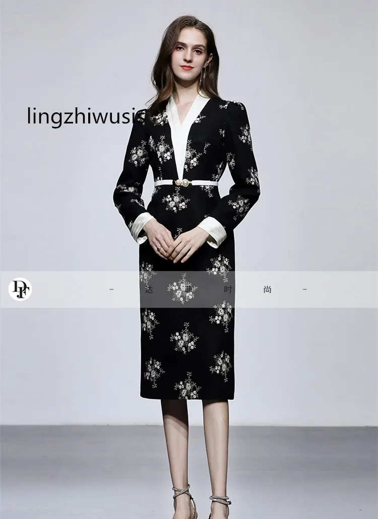 

Женское твидовое платье, Осень-зима 2023, женские модные элегантные приталенные платья с воротником-стойкой и вышивкой, Новое поступление