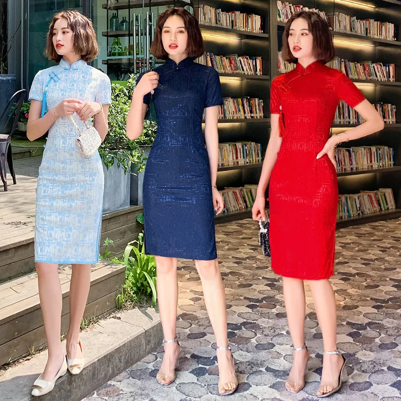 

2023 Summer Vintage Lace Cheongsam Girls Hollow Out Daily Improvement Mid-length Chinese Traditional Dress Qipao for Women