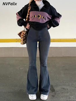 Flare Wide Leg Jeans Women Elastic High Waist Skinny Mom Denim Pants 2021 Fashion Oversize Casual Winter Trousers Streetwear New 1