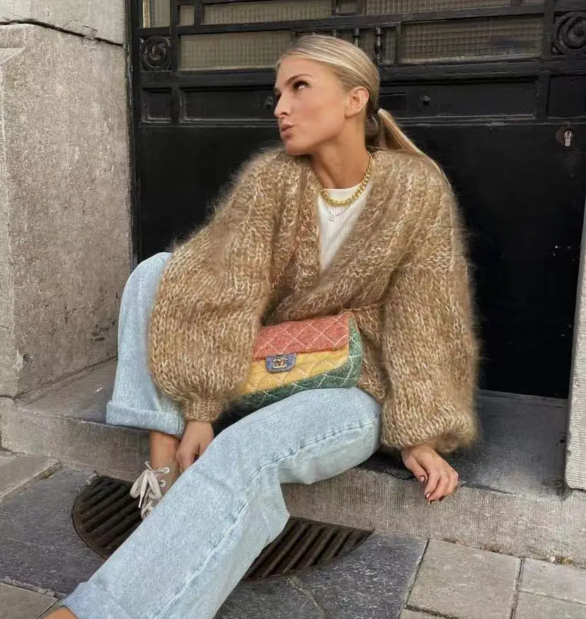 Осень 2024 новый зеленый мохеровый кардиган Женский Универсальный Свободный