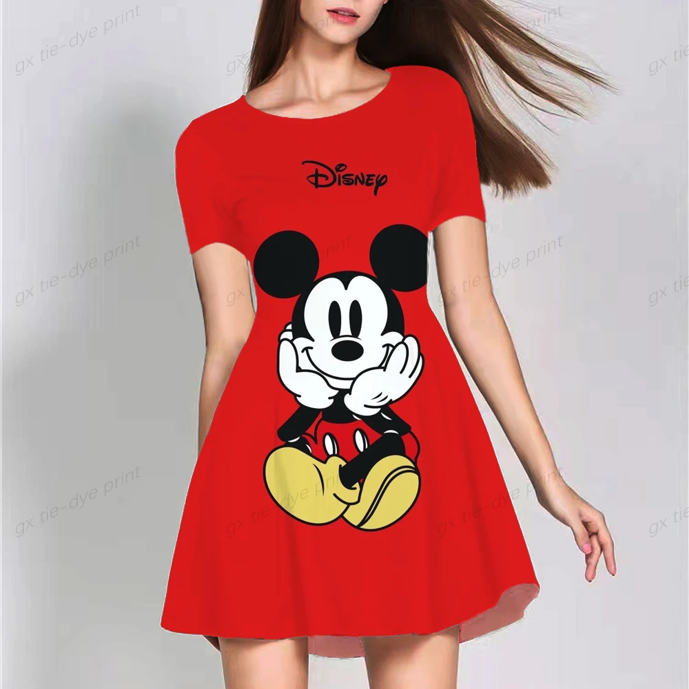 

Women's Casual O Neck Fashion Puffy Dress Disney Minnie Mickey Mouse Print Casual Mini Skirt Mature Women's Short Sleeve Dress