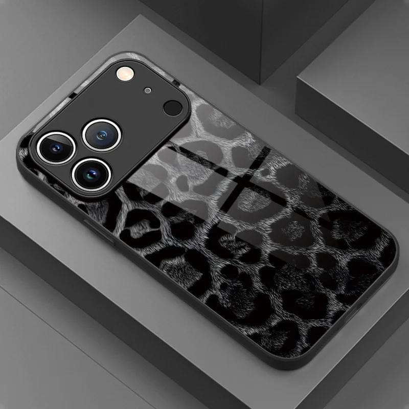 Фото Черно-белый чехол с леопардовым принтом для iPhone 17e, 17, 16, 15, 14, 13, 12 Mini, 11 Air, Pro, XS Max, XR, X Plus, стеклянная силиконовая рамка, задняя крышка №3