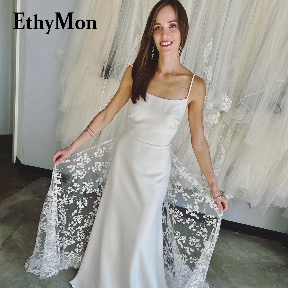 

Ethymon Trendy A-line Brides Wedding Dresses Square Neck Lace Appliques Backless Spaghetti Straps Abito Da Sposa Customized