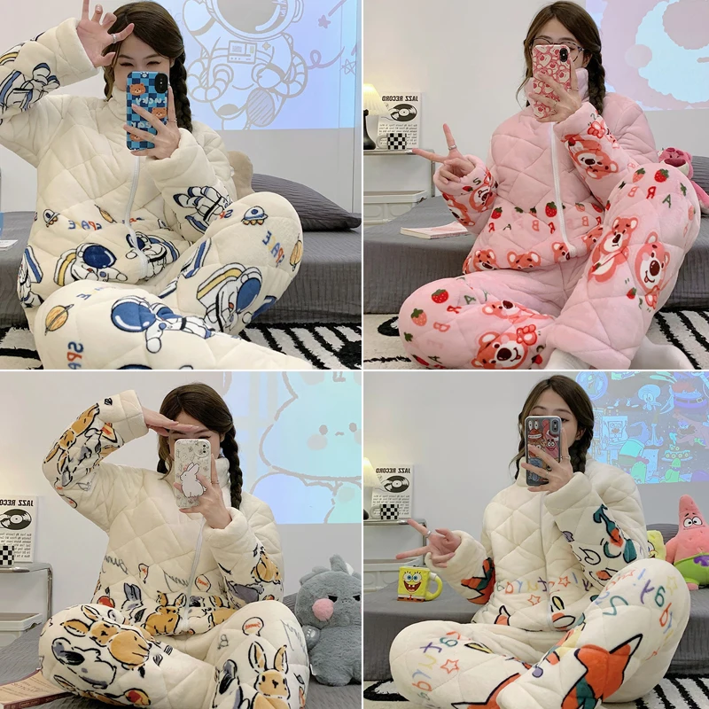 

Зимние фланелевые пижамы, женские утепленные трехслойные стеганые на молнии с высоким воротником, милый мультяшный сохраняющий тепло спор...