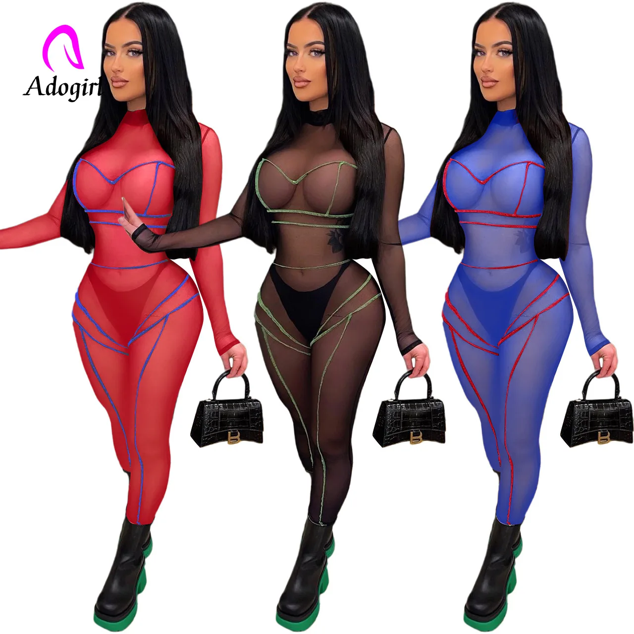 

Женские комбинезоны для фитнеса, однотонные облегающие комбинезоны с длинным рукавом и ложным воротником, пикантные прозрачные сетчатые к...