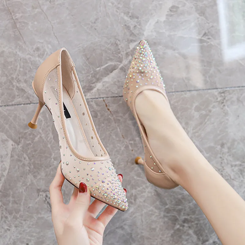 

Fashion Summer Pumps For Women Office Shoes Mesh Pointed-toe Rhinestones 2022 New Solid Female Party High Heels 5cm Thin Heels