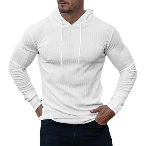 Весенне-осенняя трикотажная футболка с капюшоном и длинным рукавом, мужская мода, приталенный пуловер, рубашка, мужские классические полосатые тонкие вязаные свитера