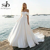 sodigne off the shoulder wedding dresses beads belt sleeveless soft satin bridal gown a line beach wedding party gowns