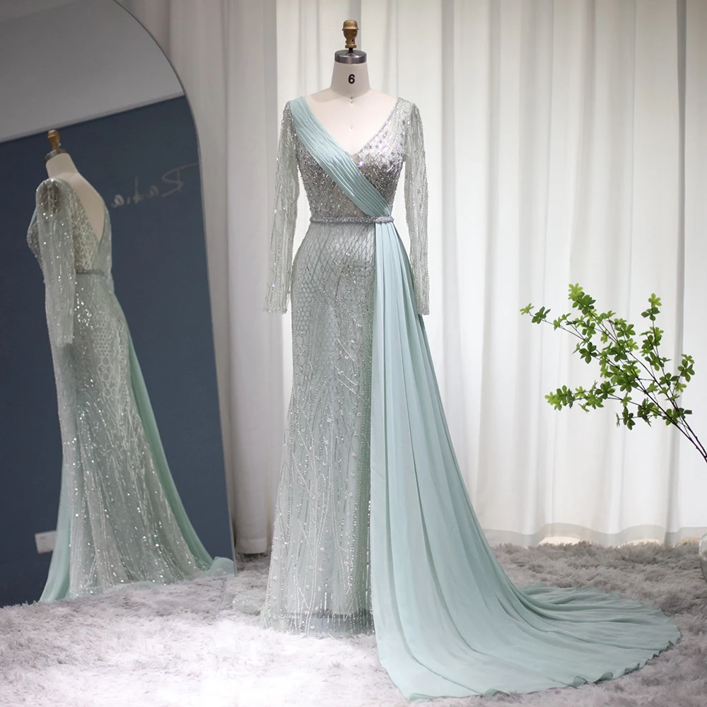 

Sharon Said Luxury Dubai Aqua Mermaid Evening Dress Chiffon Overskirt Long Sleeves Plus Size Formal Dresses for Women Wedding