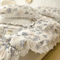 french ink painting pastoral floral cotton four piece set girl heart lotus leaf edge cotton quilt cover bed sheet bedding