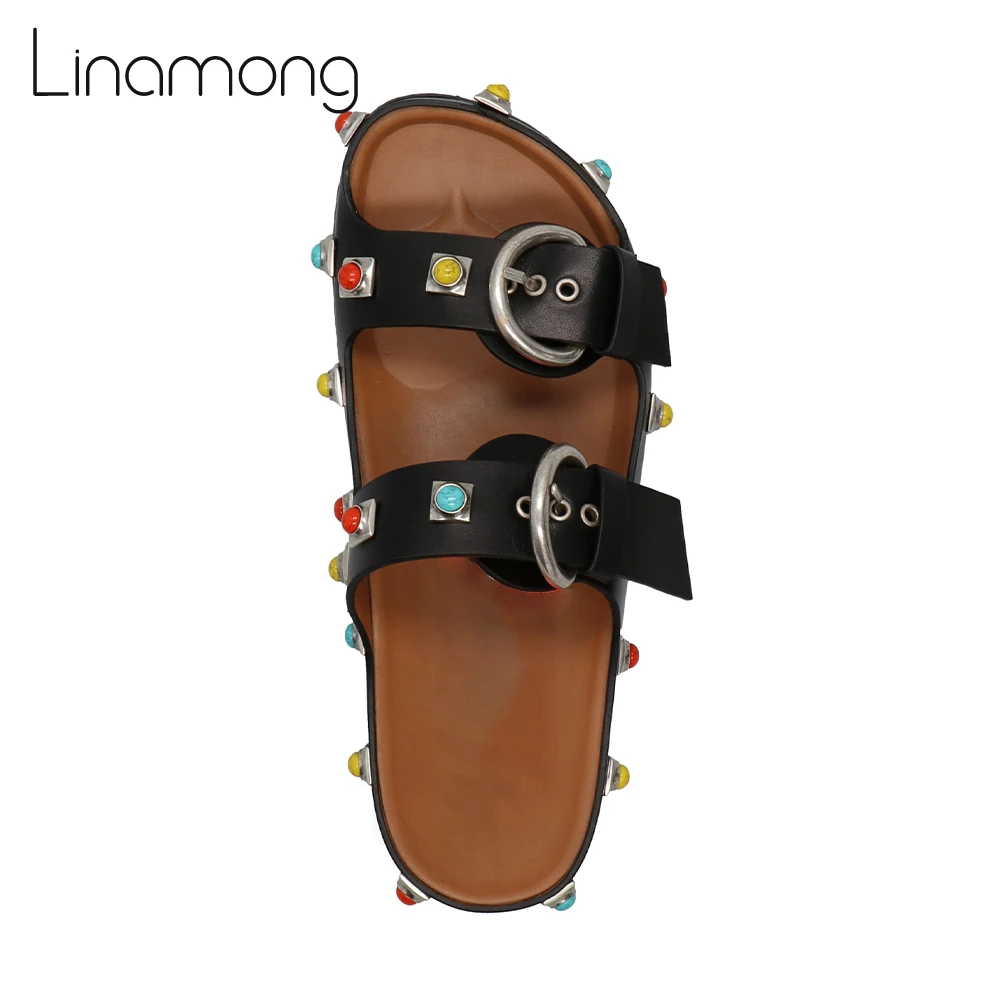 Colourful Stone Embellished Slippers Metal Gemstone Leather Strappy Sandals Adjustable Belt Buckle Rubber Sole Summer Shoes New