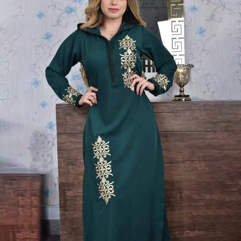 

2022 New Fashion Muslim Dress Turkey Abaya Dubai Caftan Causal Vintatge Hooded Green Women Party Prom Long Dresses Clothes Hot