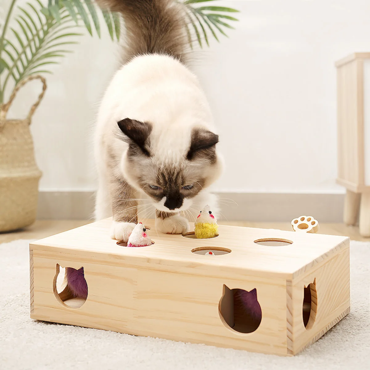 

Cat Toys Interactive Whack-a-mole Solid Wood Toys for Indoor Cats Kitten Catch Mice Game