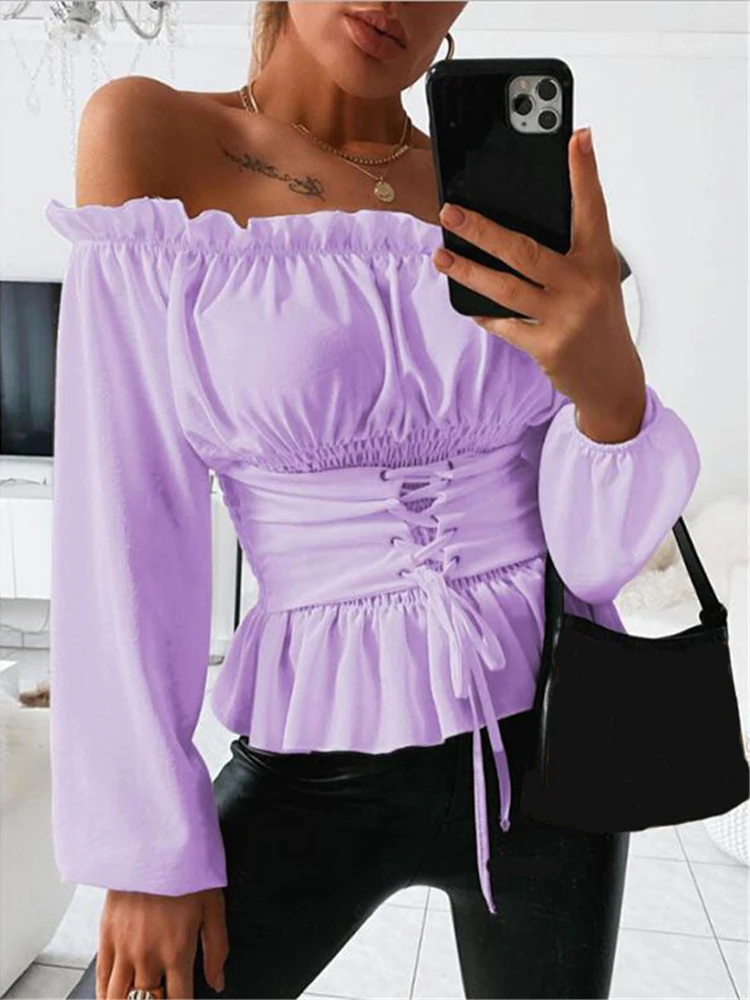 

Fashion Ruffle Long Sleeve Shirt Woman Casual Off Shoulder Drawstring Waist Pullover Lady Simple Solid One-Word Neck Women'S Top