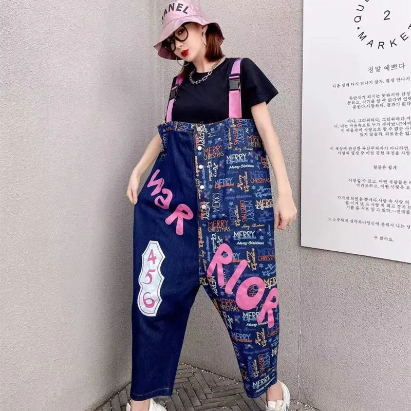 

2022 New Summer Women Denim Trousers Age Reduction Loose Colorblock Graffiti Printing Overalls Casual Female Jean Jumpsuit