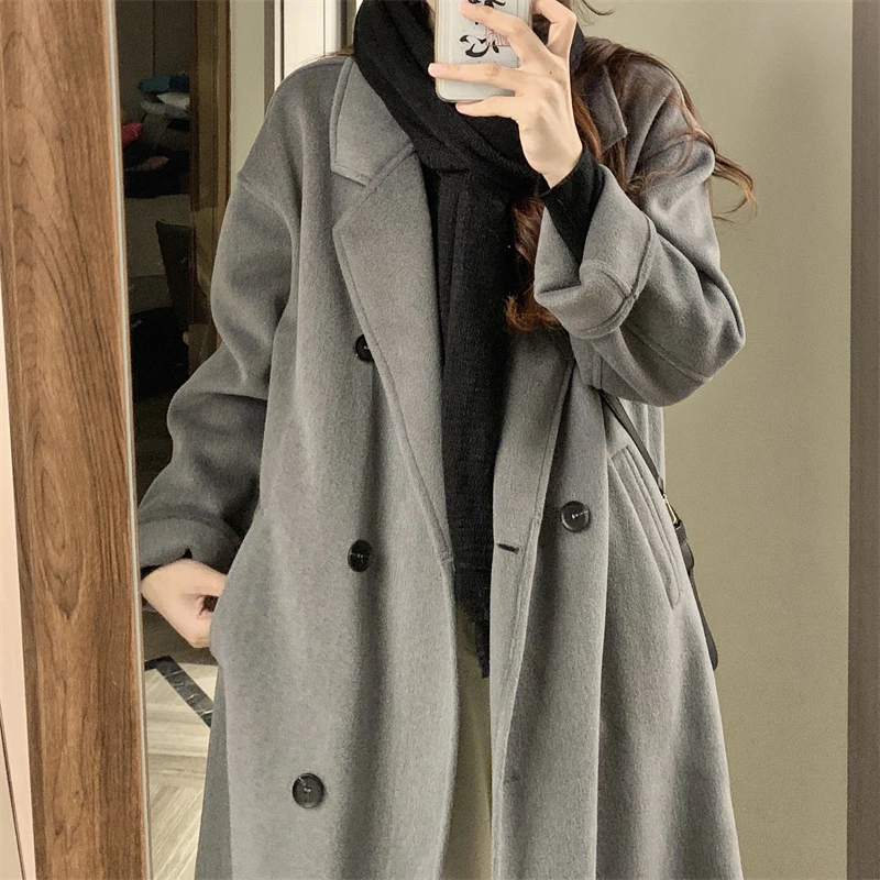 

Высококачественное корейское пальто GWW1264, женская зимняя Корейская версия, новинка 2022, двурядное Свободное пальто средней длины на пуговиц...