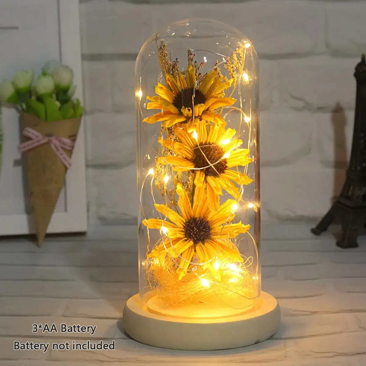 

Sunflower Lamp with LED Light Strip in Glass Dome - Romantic Anniversary Gifts for Women, New Artificial Sunflower