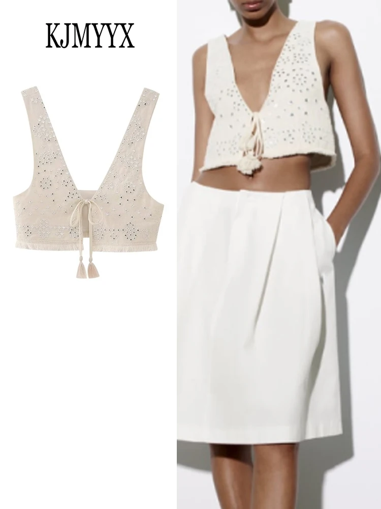 

KJMYYX Y2K 2023 летний женский жилет с вышивкой V-образный вырез без рукавов с завязкой спереди тонкий жилет женский укороченный Топ Тонкий