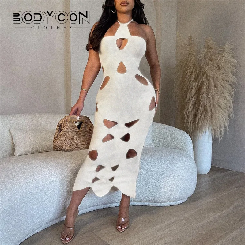 

BODYCON Women Cutout Hollow Out Halter Neck Sleeveless Bodycon Midi Knit Dress 2023 Autumn Winter Vestido Party Cocktail Dresses