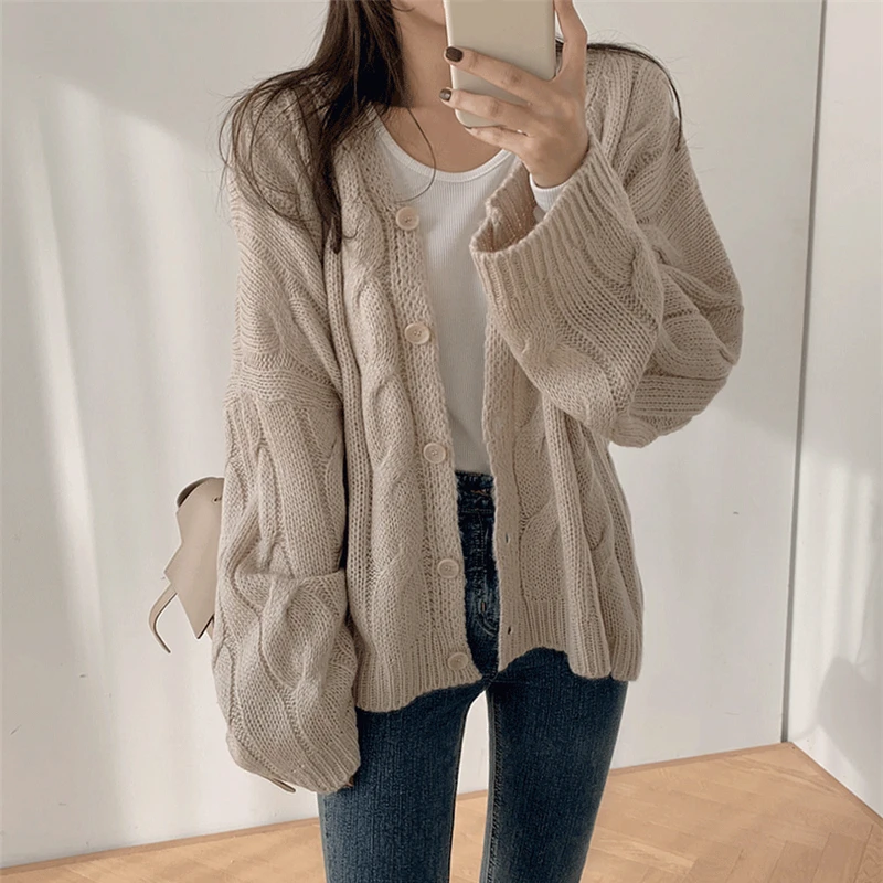 

New 2021 Women's Sweaters Autumn Winter V-Neck Buttons Short Cardigans Korean Vintage Knitwears Wild Lady Top