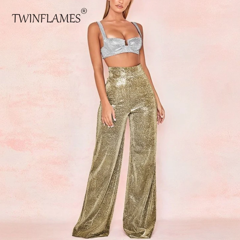 

TWINFLAMES Spring Autumn Hot Silver Broad Leg Pants High Waist Women's Pants Korean Female Casual Pants Lady Straight-leg Pants