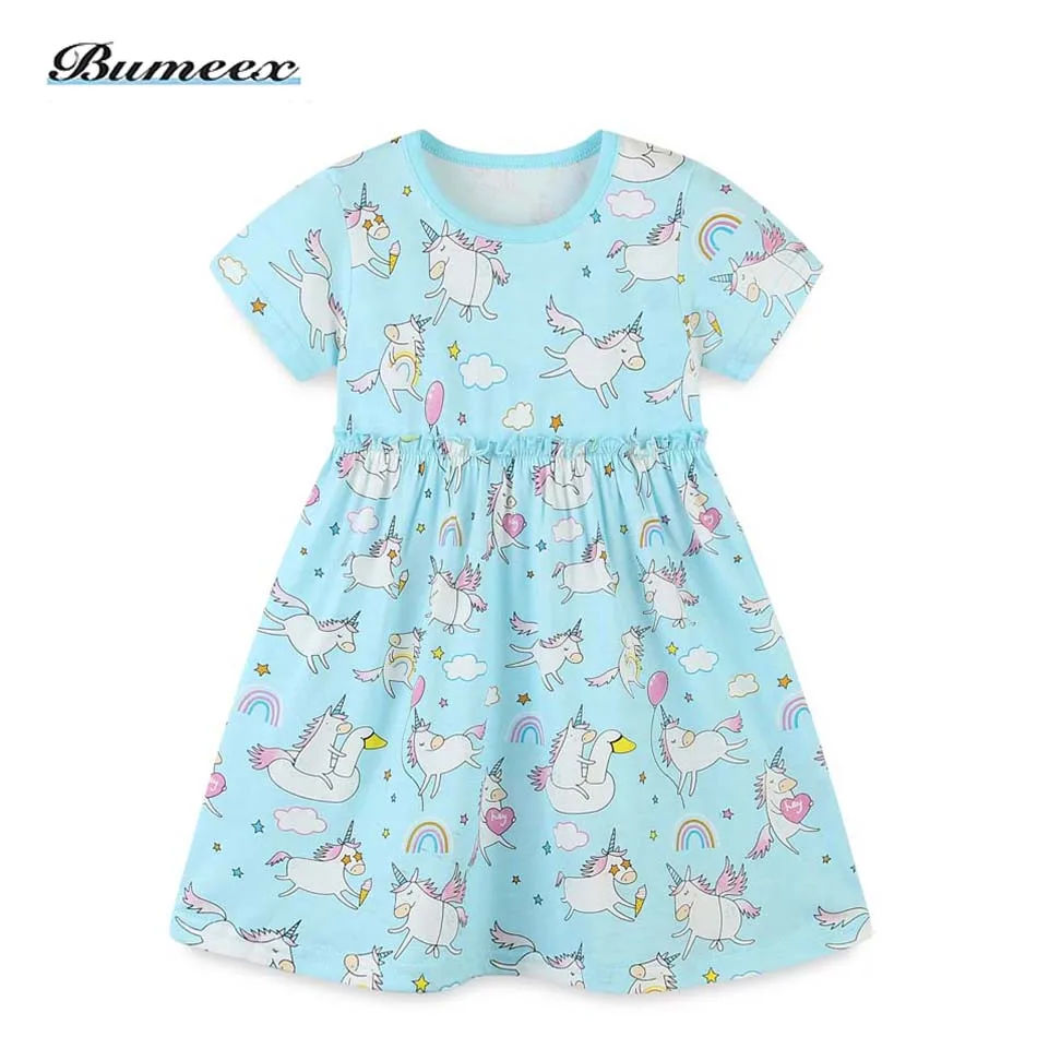 

Bumeex/платье для девочек, летнее милое платье с короткими рукавами для девочек, праздничное платье с принтом единорога и динозавра, хлопковая ...