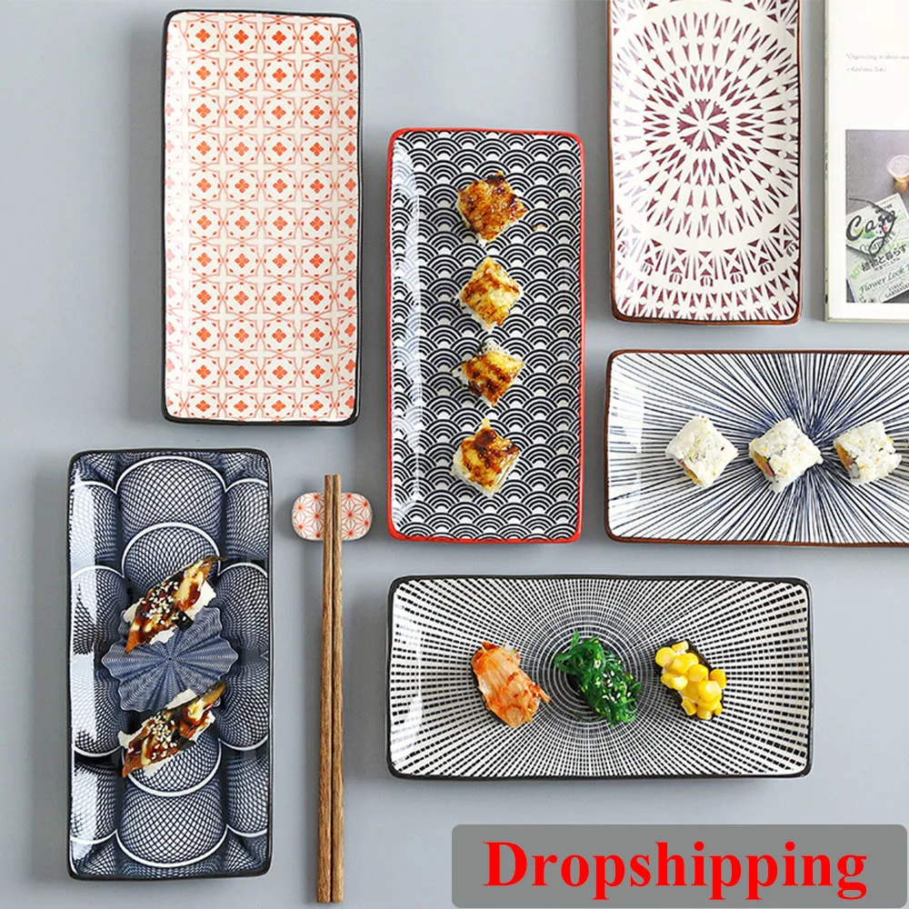 

10 Inch Ceramic Sushi Flat Plate Japanese Style Dinner Plate Underglaze Rectangular Dessert Fish Porcelain Dishes Home Tableware