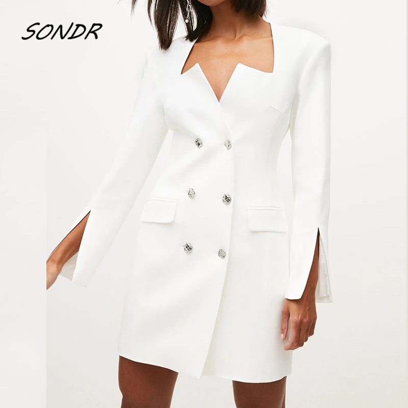 

2022 Elegant Office Lady White Dress Fashion Double Button Long Sleeve Luxury Dress Spring