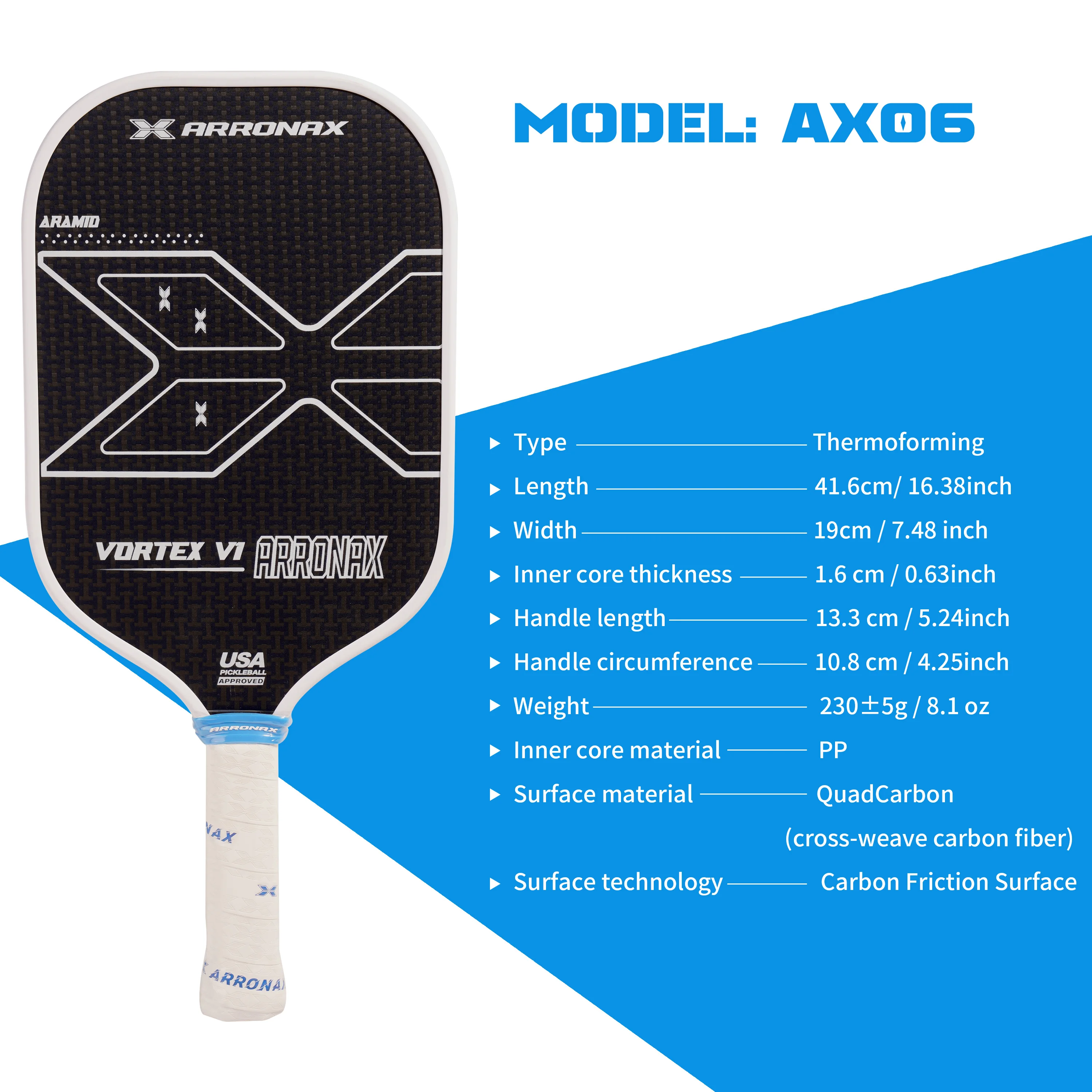 ARRONAX-Quad Carbon Pickleball Paddle углеродное волокно с перекрестным переплетением ручка 16 мм 5
