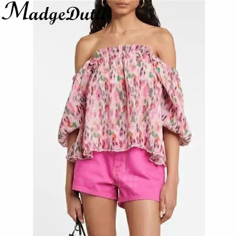 

Женская блузка с открытыми плечами и пышными рукавами, с цветочным принтом