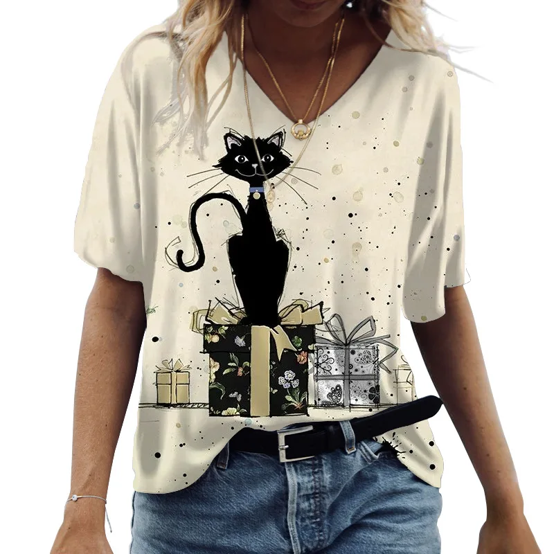 

Women's T-shirt Cartoon Cat Print Summer Short Sleeve V-Neck Kawaii Fashion Casual Tee Shirts With Cat Funny Femininity Clothing