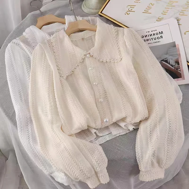 

Transparent Elegant Beaded Buttons Blouses Women New Hollow Out Peter Pan Collar Tops Ladies Long Sleeves Solid Color Shirt 663i