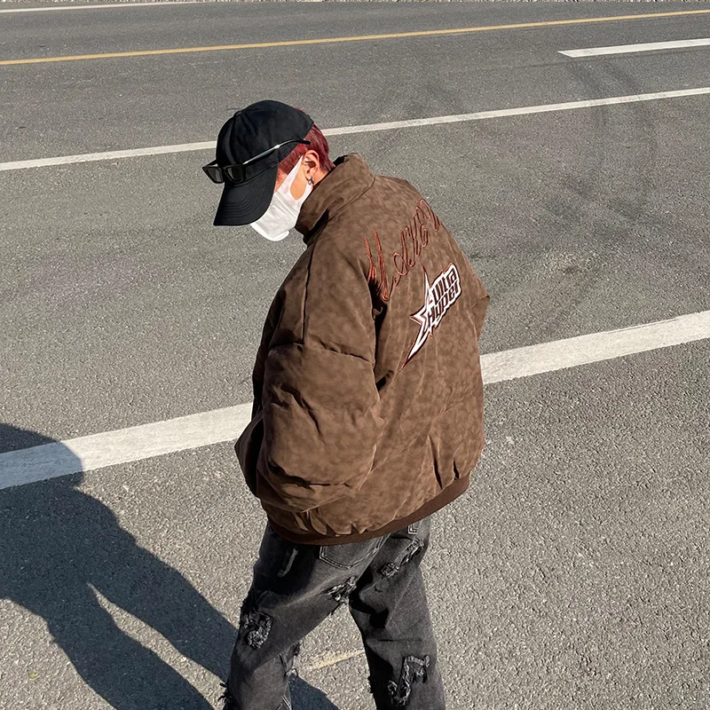 American-style Streetwear Men Parkas Washed Old Letter Embroidery Thickened Warm Down Jacket for Men and Women Couple Outfits