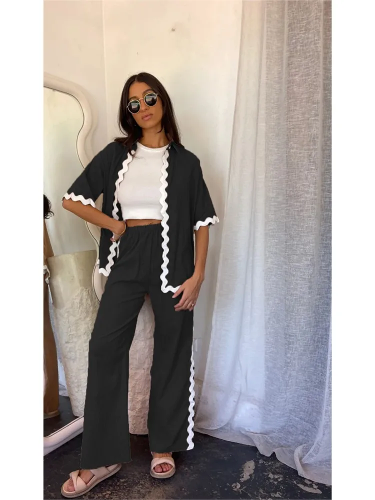 2024 летние новые однотонные комплекты брюк женская мода повседневные рубашки с