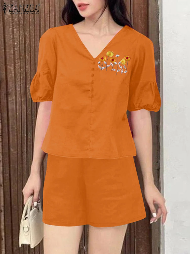 ZANZEA модная блузка с короткими рукавами и вышивкой комплекты брюк летние короткие