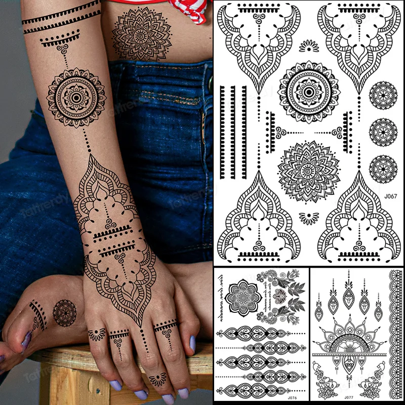 

Black Henna Lace Temporary Tattoos for Women Butterfly Mehndi Flower Fake Tattoo Sticker Feather Flora Tatoo Mandala Body Art