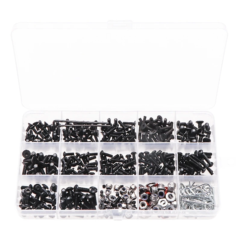 

522Pcs Hexagon Socket Bolts Carbon Steel Round Head Embedded Full Thread Bolts + Countersunk Head And Accessories