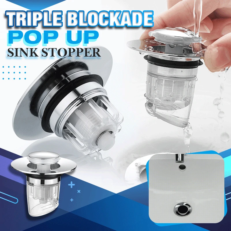 

New Triple Blockade Pop Up Sink Stopper Universal Pop Up Bounce Core Basin Drain Filter Hair Catcher Bath Stopper Bathroom Tools