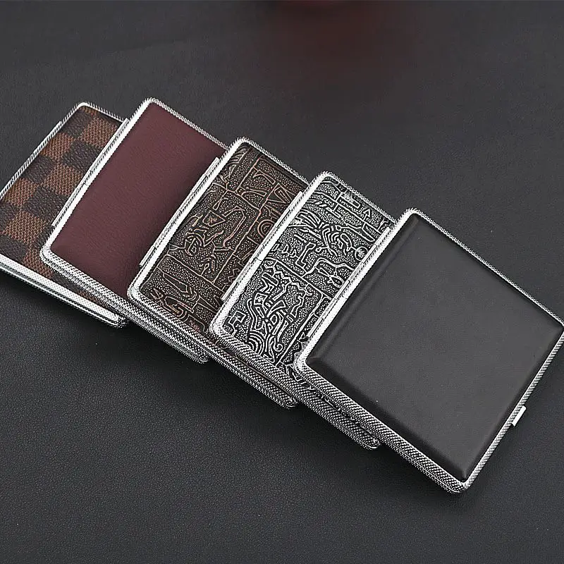 

20 Sticks Gift for Men's Leather Cigarette Box Cigar Case Metal Leather Smoking Accessories Cigarette Lady Storage Cover Hold