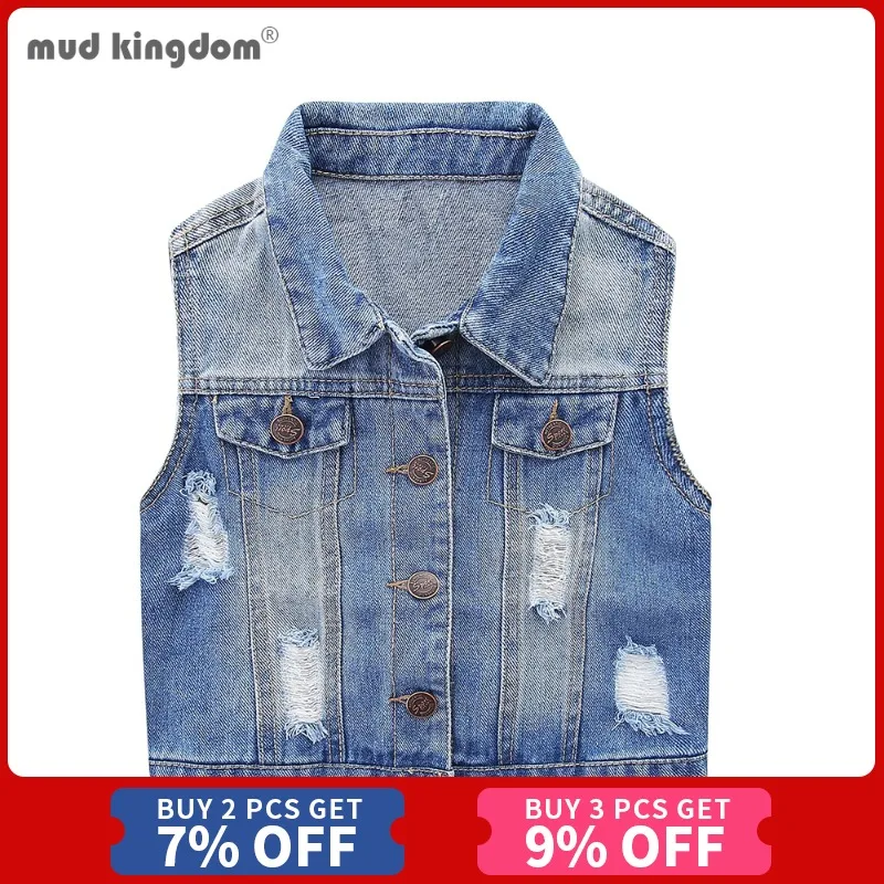 

Mudkingdom Girls Denim Vest Flower Embroidery Ripped Lapel Sleeveless Jeans Jacket for Girls Spring Autumn Fashion Outerwear