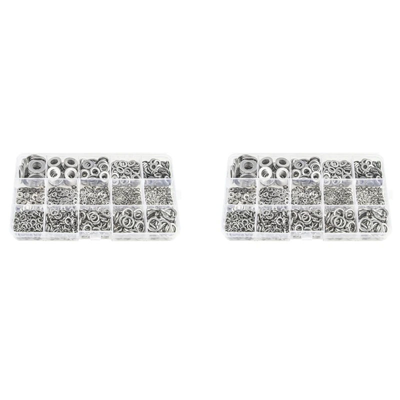 

304 Stainless Steel Flat Washer And Lock Washer Assortment Set(1400 Pieces, 8 Sizes) - M2 M2.5 M3 M4 M5 M6 M8 M10