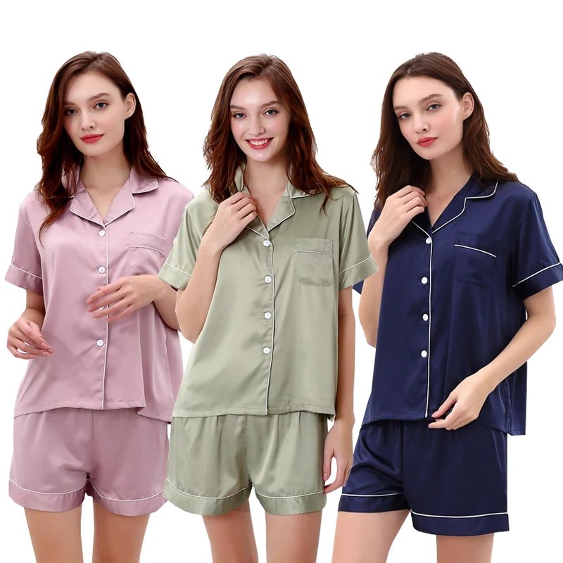 Women Pajamas Set Sleepwear For Lady Short Sleeve Pijamas Satin Fabric